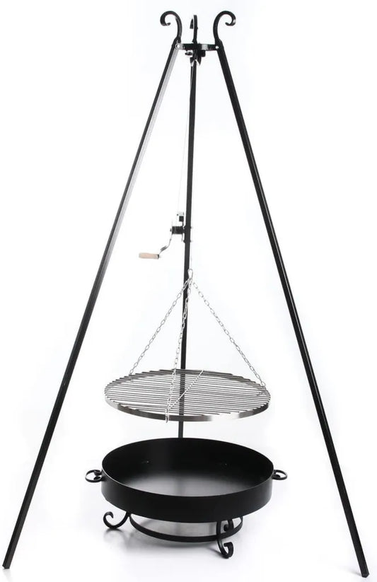 Dreibein-Schwenkgrill 185 cm, Stahl pulverbeschichtet, Holzkohlegrill mit Kurbel und Kette, Feuerschale Ø60 cm