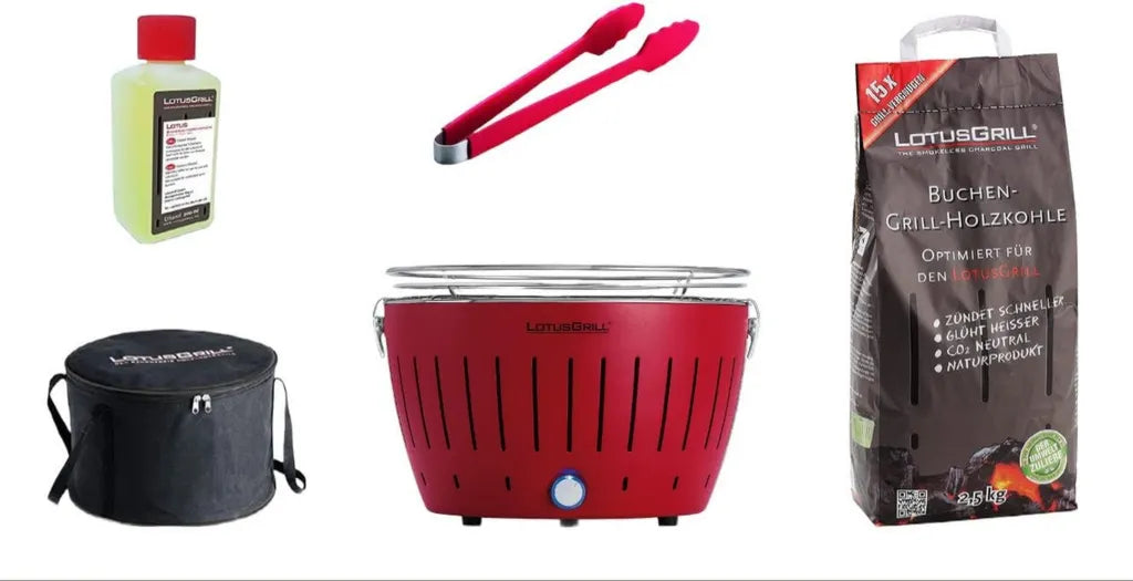 LotusGrill Starter-Set Classic: Feuerroter Grill mit USB, 2,5 kg Buchenholzkohle, 200 ml Brennpaste, Zange und Tragetasche