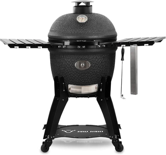 BBQ-Toro Kamado Keramikgrill mit Rollen, Ø 62 cm, matt schwarz, Bubble Frosted Design, inkl. Thermometer und Seitenablagen
