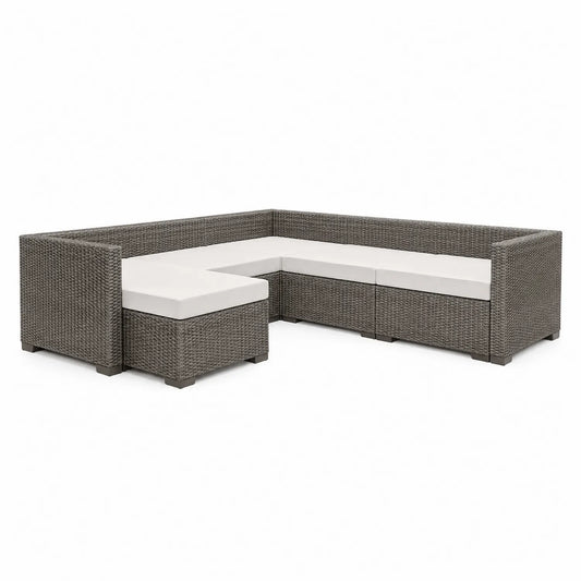 Ecksofa-Set Polyrattan Hellgrau mit Weißen Kissen