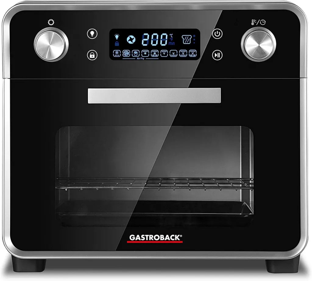 GASTROBACK Multifunktionsofen 1680W, 5-in-1: Pizzaofen, Heißluftfritteuse, Minibackofen, Grillspieß & Dörrgerät, 22L, 3 Einschübe