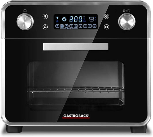GASTROBACK Multifunktionsofen 1680W, 5-in-1: Pizzaofen, Heißluftfritteuse, Minibackofen, Grillspieß & Dörrgerät, 22L, 3 Einschübe