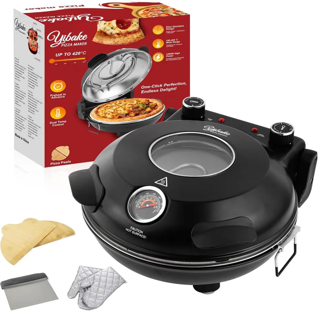 Elektrischer Pizzaofen, 1200W, 31cm Pizzastein, bis 420°C, 5 Backstufen, inkl. Schaber & Schieber, Schwarz