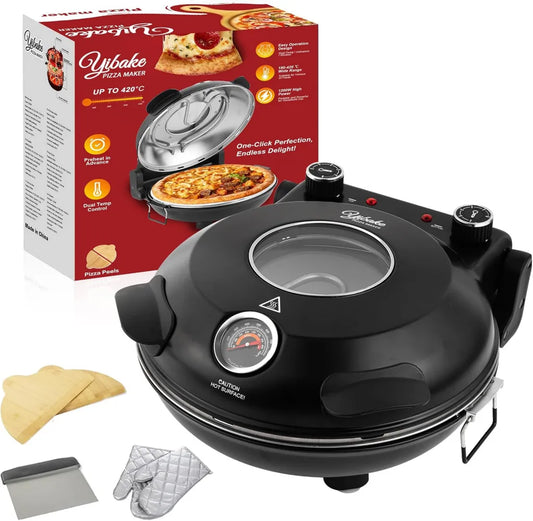 Elektrischer Pizzaofen, 1200W, 31cm Pizzastein, bis 420°C, 5 Backstufen, inkl. Schaber & Schieber, Schwarz