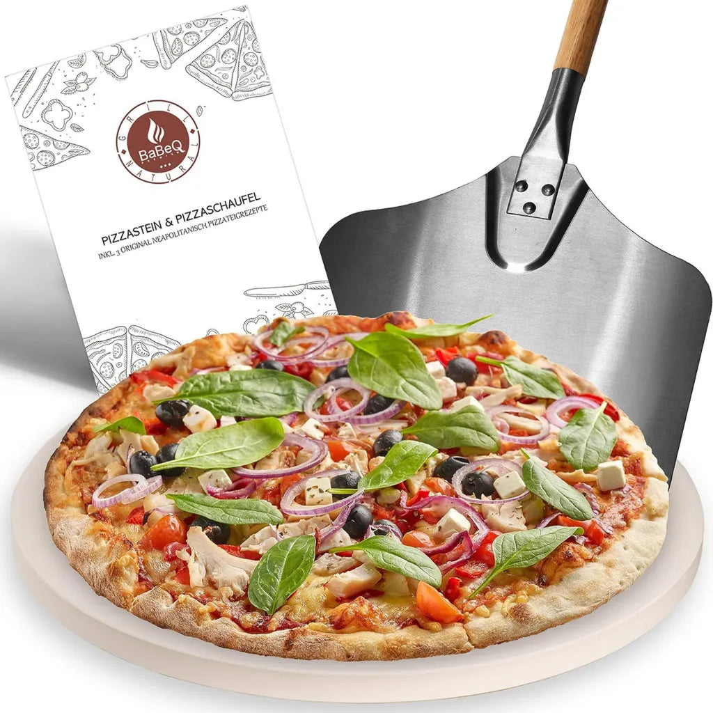 Runder Pizzastein aus Cordierit für Grill und Backofen inkl. Pizzaschaufel - Ø 38cm, 1,5cm dick