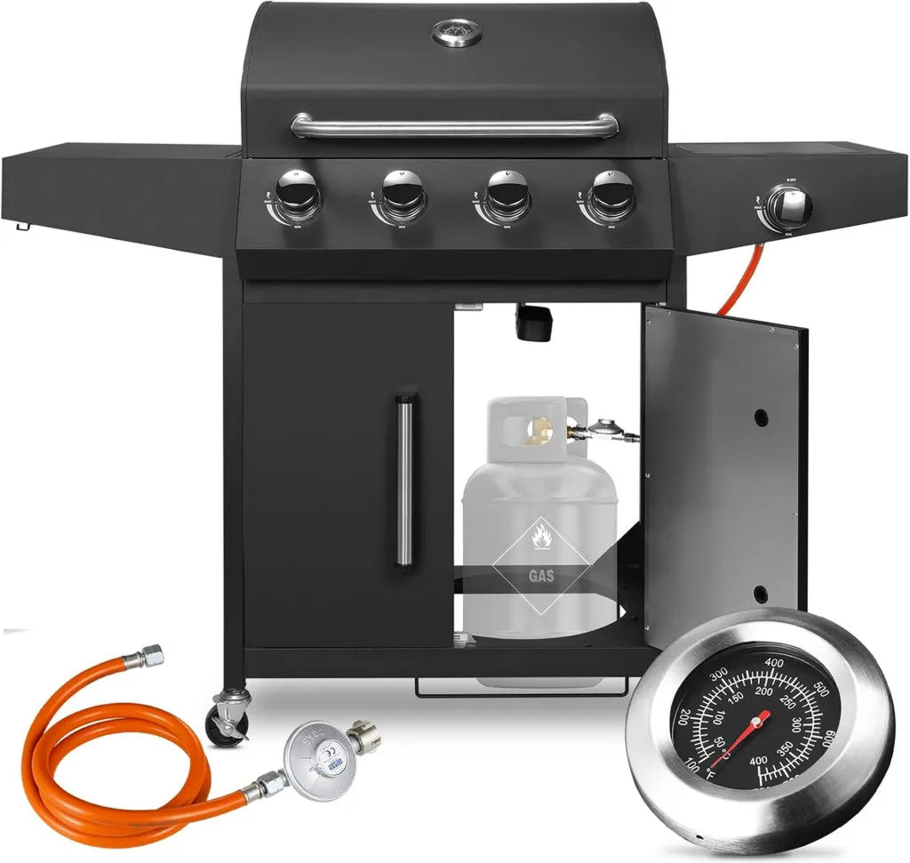 LIFERUN 4+1 Gasgrill Edelstahl, BBQ Grillwagen mit Seitenkochfeld und Thermometer, 15 kW Leistung, 4 Rollen mit Bremsen, Inklusive DE Gasdruckregler, Ideal für Camping und Garten