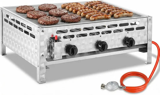 Profi Edelstahl Gasbräter mit 3 Brennern, 12 kW Leistung, Gastro Gasgrill für Garten und Outdoor, Grillfläche 59,5x48 cm, inklusive Rost und Füße