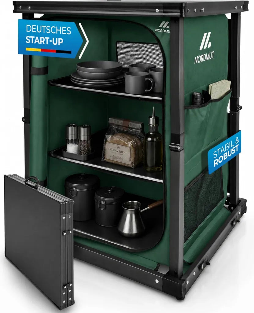 NORDMUT® Klappbarer Campingschrank – Robuste Campingküche mit viel Stauraum – Leichtes, tragbares Campingregal