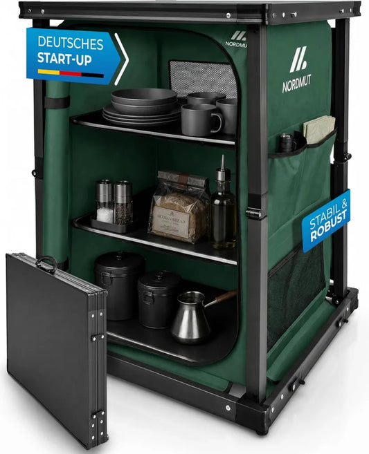 NORDMUT® Klappbarer Campingschrank – Robuste Campingküche mit viel Stauraum – Leichtes, tragbares Campingregal