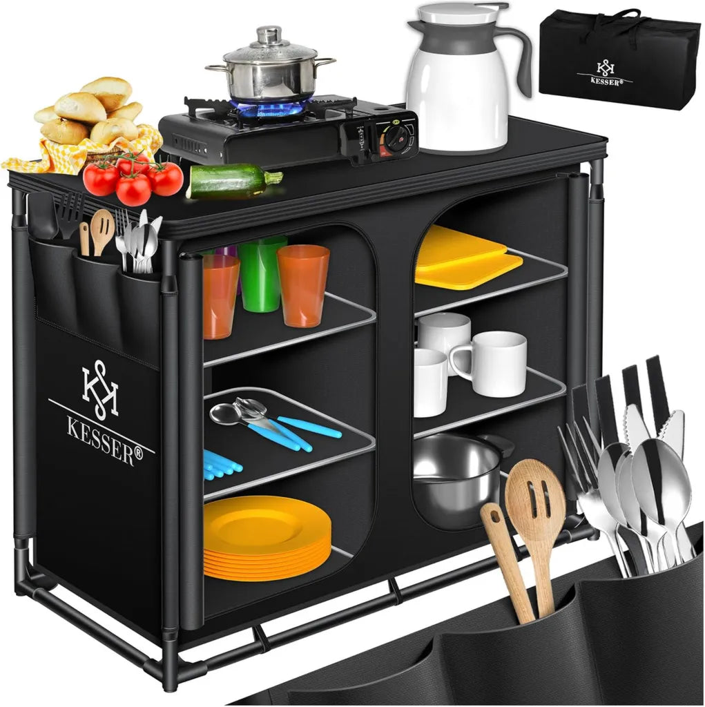 KESSER® Portable Campingküche mit Aluminiumrahmen und Tragetasche, Klappbarer Outdoor Campingschrank in Schwarz