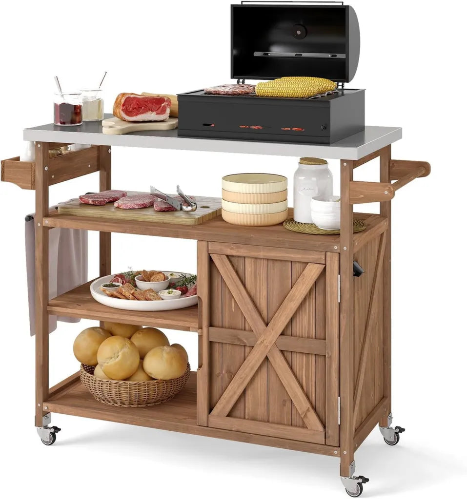 Holzgrillwagen mit Edelstahl-Arbeitsplatte, Küchen- und Gartenwagen, 3 Regale & Schrank mit Tür, Gewürzhalter, 118 x 47 x 92 cm
