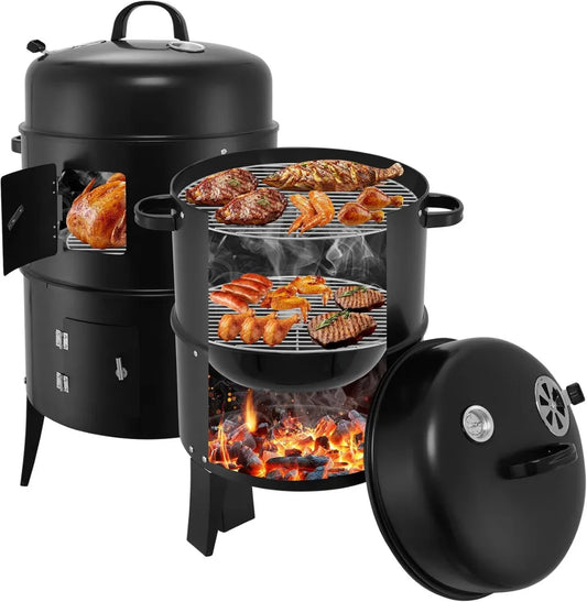 Multifunktions-Räucherofen 3-in-1: Holzkohlegrill mit Deckel, Grilltonne für Camping, Räuchern, Grillen & Garen