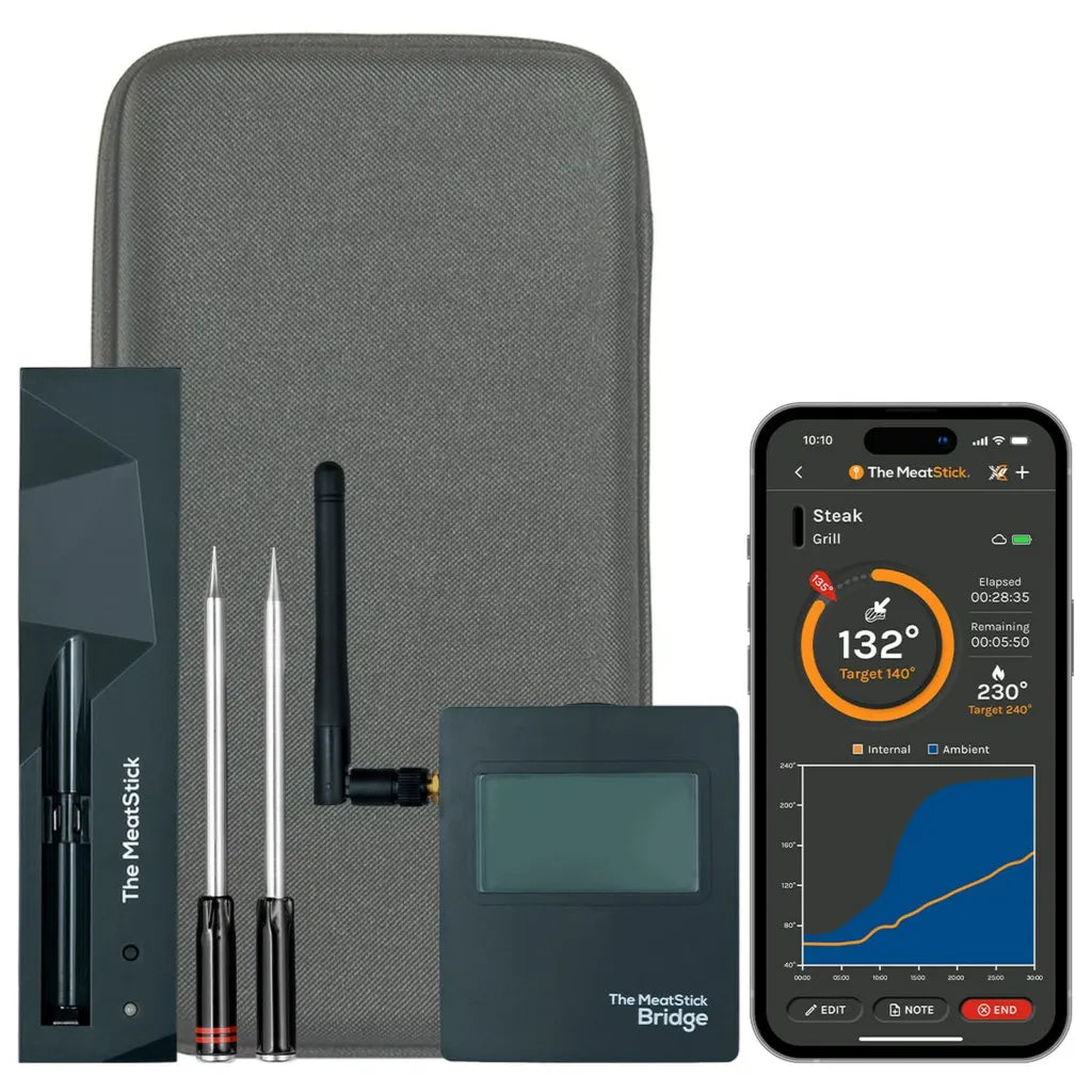 MeatStick Bridge Set 2: Kabelloses Fleischthermometer-Set mit 90m Bluetooth-Reichweite, inkl. WiFi-Bridge, Ladegerät und Tasche