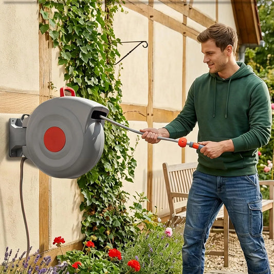 Gartenschlauch-Aufroller und Schlauchtrommel, 30m, für Gartenbewässerung, zur Wandmontage