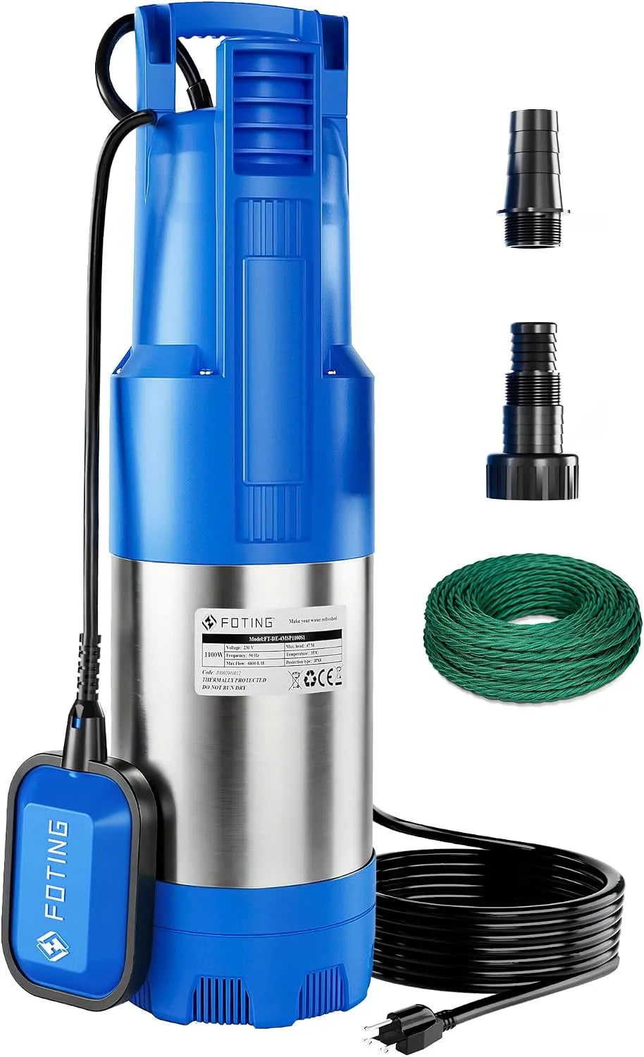 1100W Tauchdruckpumpe mit 6800 l/h Fördermenge, Förderhöhe max. 47 m, FOTING Tauch-Druckpumpe 4 inox