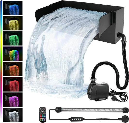 Teich Wasserfall Spillway 30cm Schwarze Edelstahl Wasserfall Teichfilter für Gartenteich Teich 30cm 45W 3000L/H with Pumpe und LED Licht für