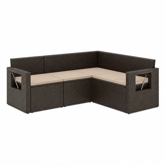 Poly-Rattan Ecksofa Braun mit Beigen Kissen