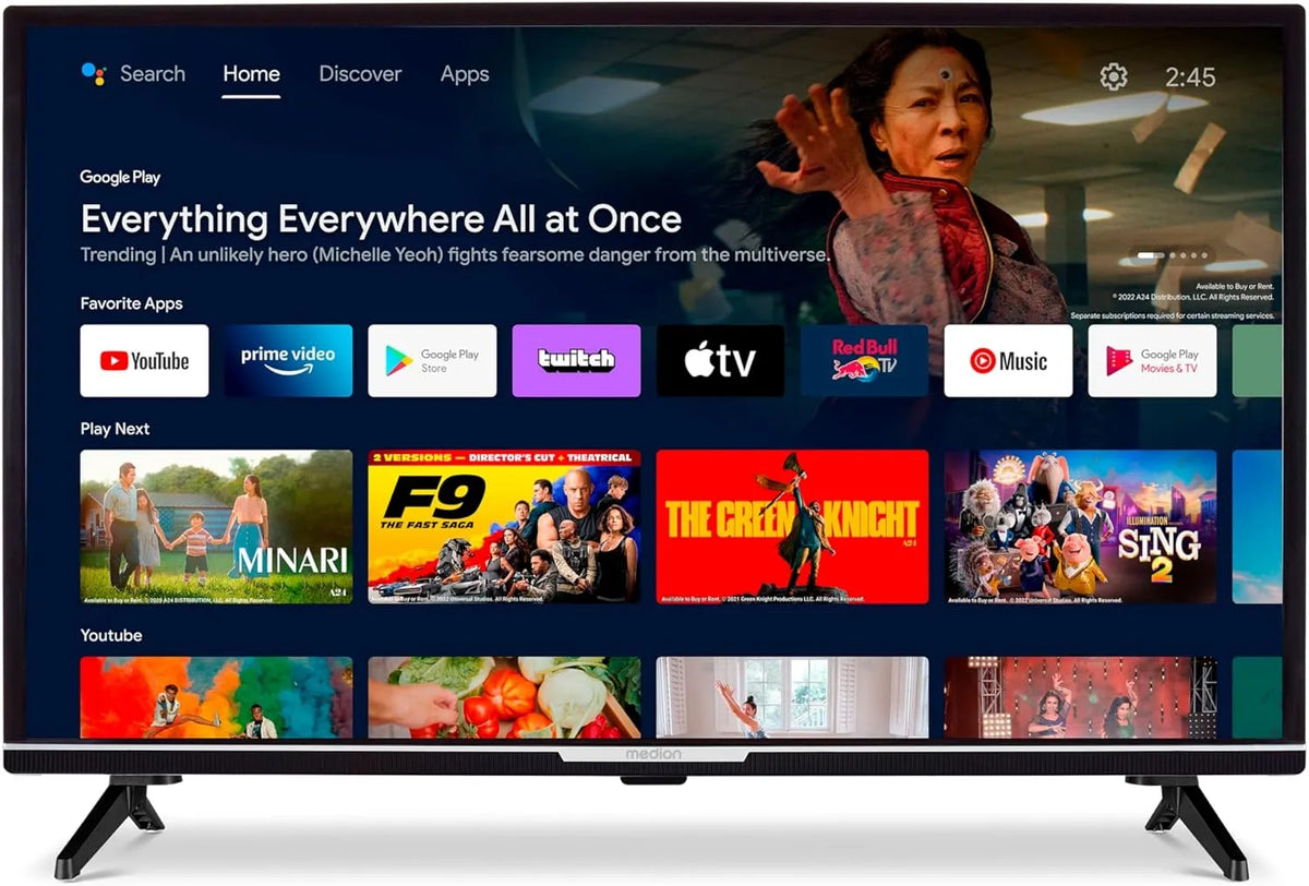 Google P13242 1080p Smart TV, 32 Zoll, Fernseher, HDR, Bluetooth, Android OS, Full HD, PVR-Aufnahme, MD 30042, 80 cm, MEDION, Netflix, Prime Video