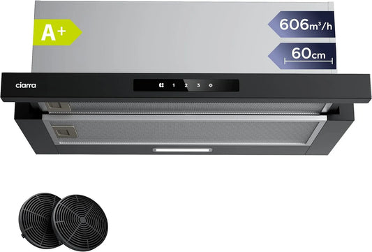CIARRA CBCB6909A Dunstabzugshaube, 60 cm, 606 m3/h, Küchenhaube, Abluft- und Umluftbetrieb, Schwarz