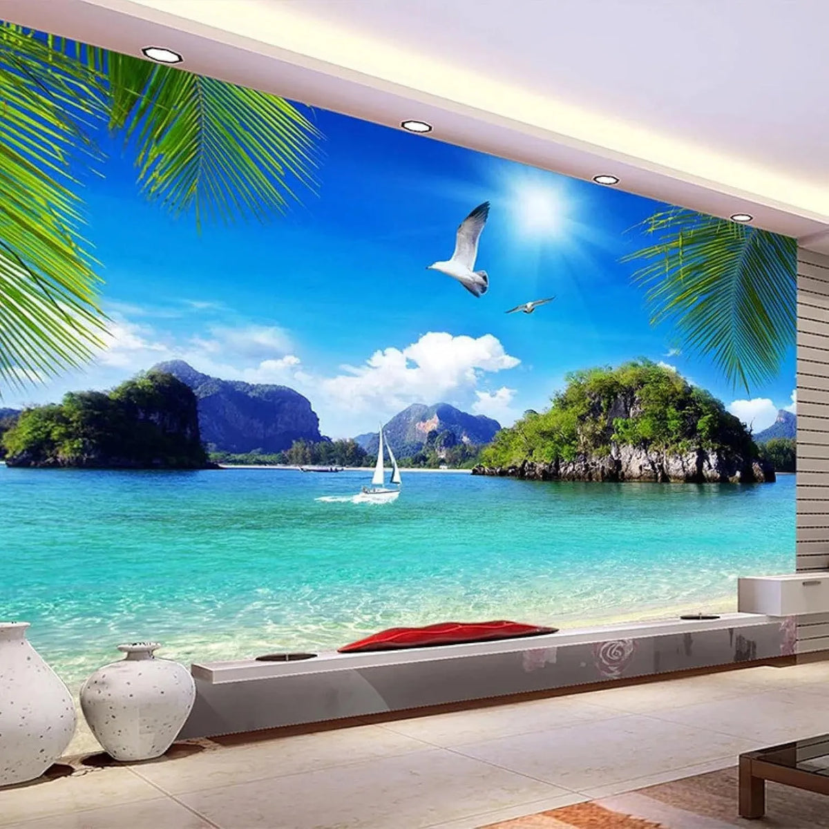Fototapete, 3D-Optik, Wohnzimmergestaltung, Blau, 3D blau Ozean Insel Möwe Naturlandschaft Fototapete Studie Wohnzimmer TV Sofa Hintergrund Wandbild