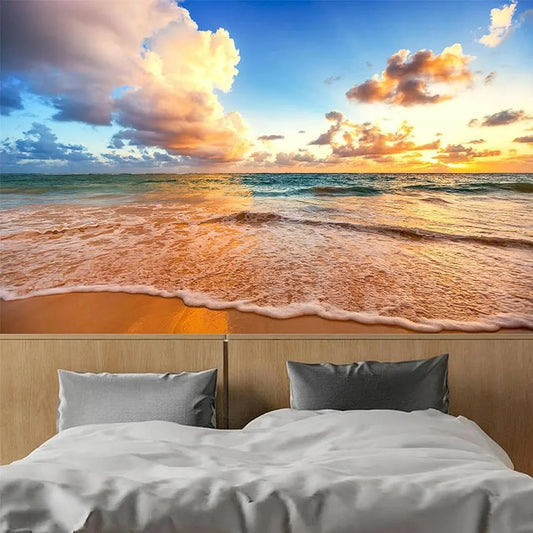 Fototapete, Wohnzimmergestaltung, Restaurant, Fernseher, Sofa, Blauer Himmel, weiße Wolken, Wellen, Strand, für Schlafzimmer