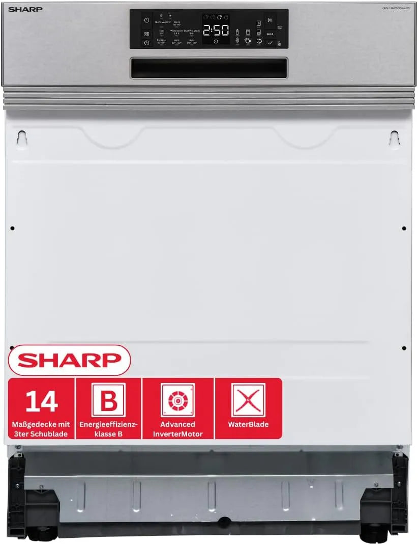 Sharp QW-NA25GS44BS-DE Geschirrspüler, 60 cm, 8 Programme, Inverter, Silber, 14 Min, 14 Maßgedecke
