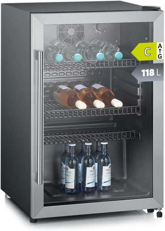 Severin Kühlschrank, 118 L, LED-Beleuchtung, Schwarz, FSK 8840, Severin Flaschenkühlschrank, silber