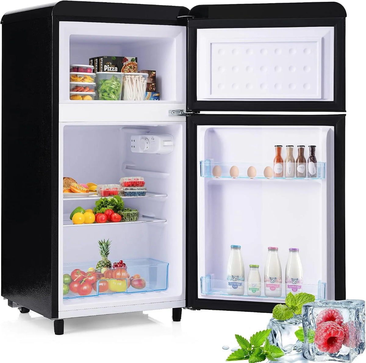 Kühlschrank, 72 L, Energieklasse E, LED-Beleuchtung, Gefrierfach, Schwarz, 120 kWh, Jahr, 72L Gesamtvolumen, Doppeltür