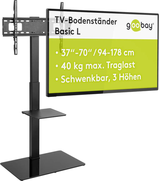 Smart TV, 70 Zoll, 600 × 400, Fernseher, schwenkbar ±35°, höhenverstellbar, 58526, bis 40 kg, goobay TV-Bodenständer 37, VESA 600x400, Glasfuß