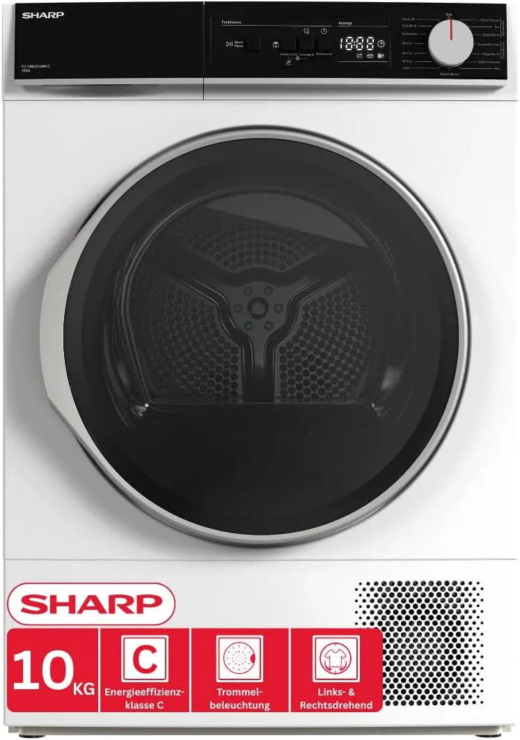 Sharp KD-NHA0S6GW1C-DE Wäschetrockner, 10 kg, LED-Beleuchtung, Edelstahl, Weiß, 20 Min, 15 Trockenprogramme, EEK C