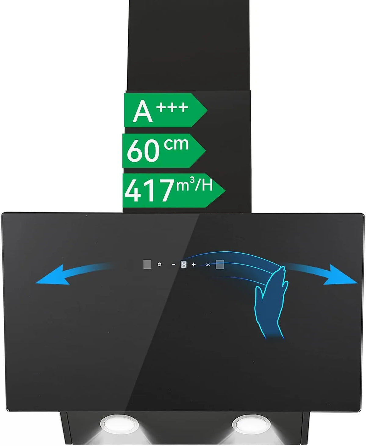 Dunstabzugshaube, 60 cm, 416 m3/h, 58 dB, Küchenhaube, kopffrei und schräg, Abluft- und Umluftbetrieb, Boost, Touch-Bedienung, leise, Schwarz, LED