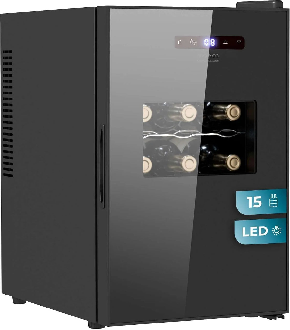 Cecotec Bolero GrandSommelier 1550 Weinkühlschrank, 15 Flaschen, 5 bis 18 °C, 35 dB, Energieklasse E, Touch-Bedienung, leise, temperaturverstellbar