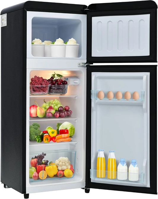 Kühl-Gefrierkombination, 92 L, 41x105, 5 cm, freistehend, 2 Temperaturzonen, Kühlschrank mit Gefrierfach, Schwarz, 7 Temperaturstufen, Merax Retro