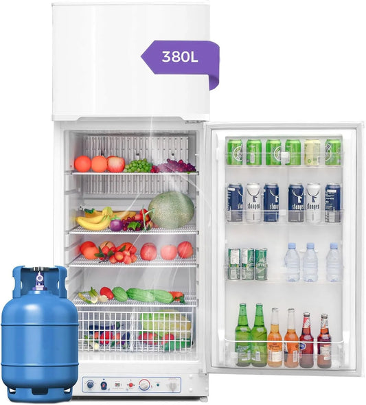 Kühl-Gefrierkombination Gas, 230V 287L+93L, 287 L, 230 V, leise, Camping, Kühlschrank mit Gefrierfach, Weiß, 380L, Garage, Wohnmobil