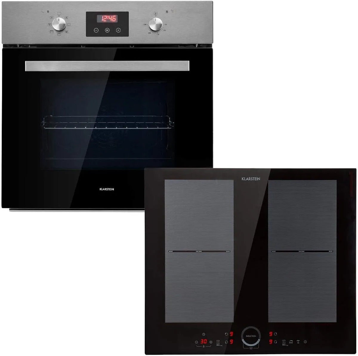 Klarstein 4-Zonen-Induktionskochfeld Backofen, 68 L, 7000/2000, 1500 W, Einbau, Edelstahl, Schwarz, 2 x 2000 W, EEC A
