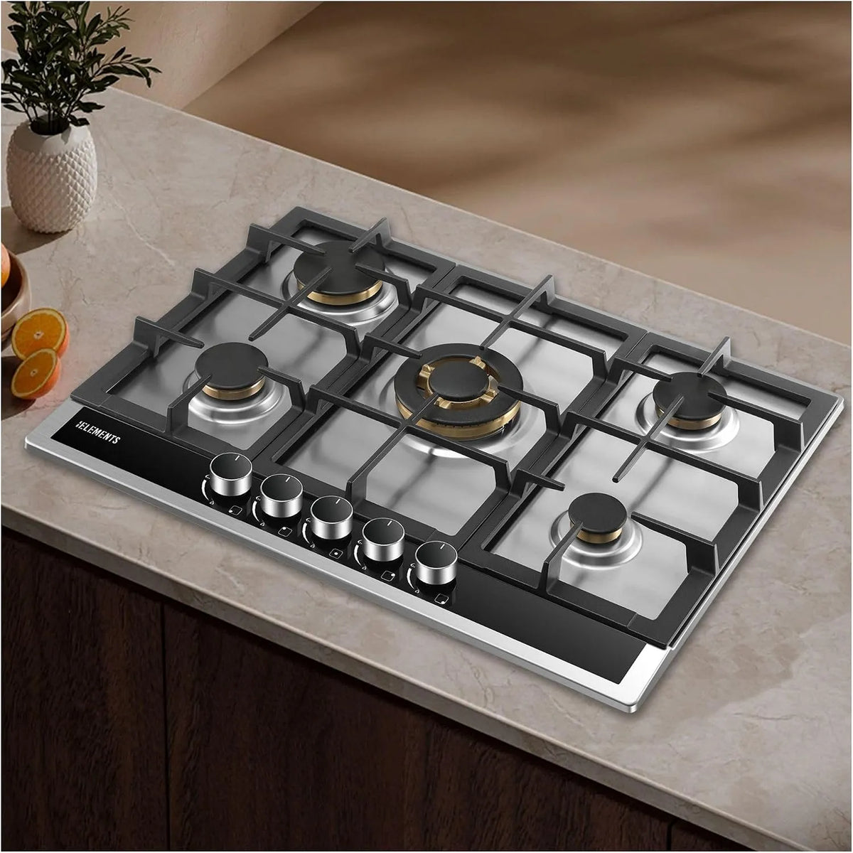 Gaskochfeld, Edelstahl, Gaskocher, VOLLKUPFER-BRENNER, Gasherd, Wok-Dreifachbrenner, Gas-Herdplatte mit Wok Brenner