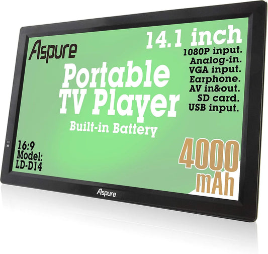 Smart TV 4000-mAh-Akku, 14 Zoll, Fernseher, HDMI, USB, tragbar, Camping, Schwarz, Tragbarer 35, TF-Eingang, 6 cm, Terrasse, Wohnmobil, Küche